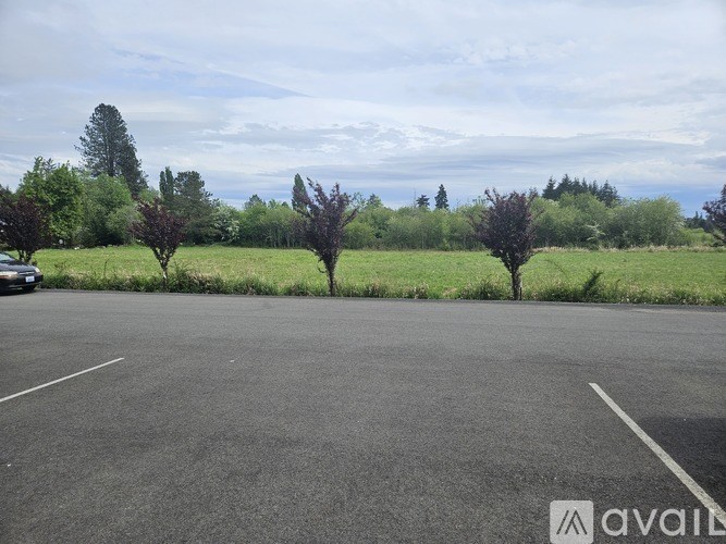 A parking lot with a car parked and trees in the background.