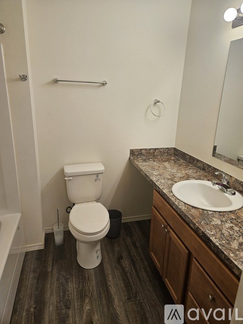 A bathroom with a toilet, sink, and mirror.