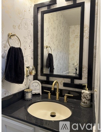 A bathroom sink with a gold faucet and a mirror above it.