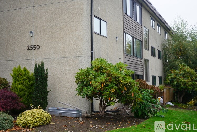 A tree with orange leaves is in front of a grey building with the number 2550 on it.