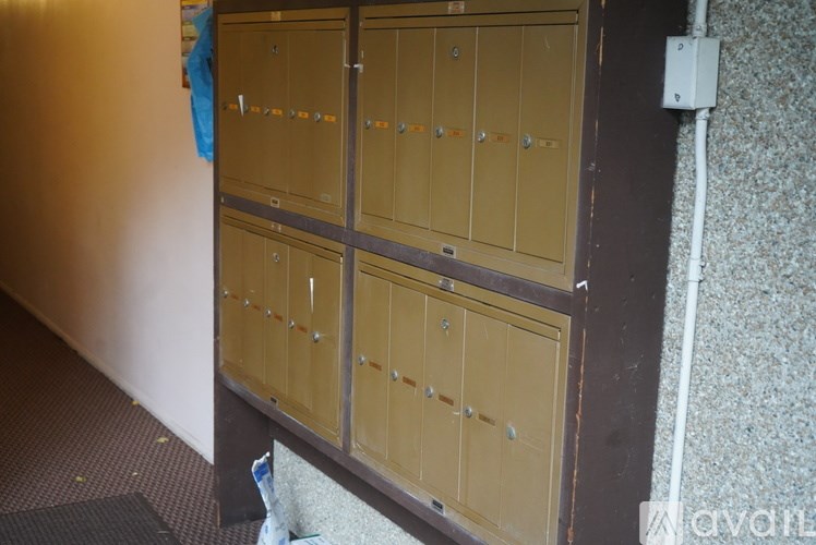 A row of brown lockers with a white electrical outlet to the right.