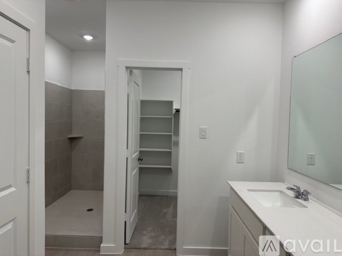 A bathroom with a sink, mirror, and walk-in shower.