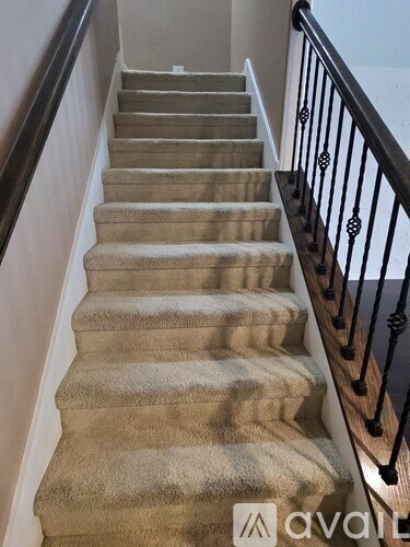 A staircase with beige carpeted steps and black metal railings.