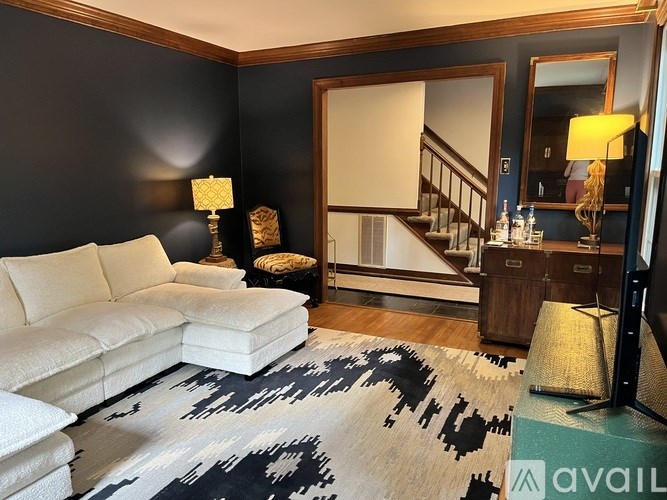 A living room with a white couch and a black and white rug.