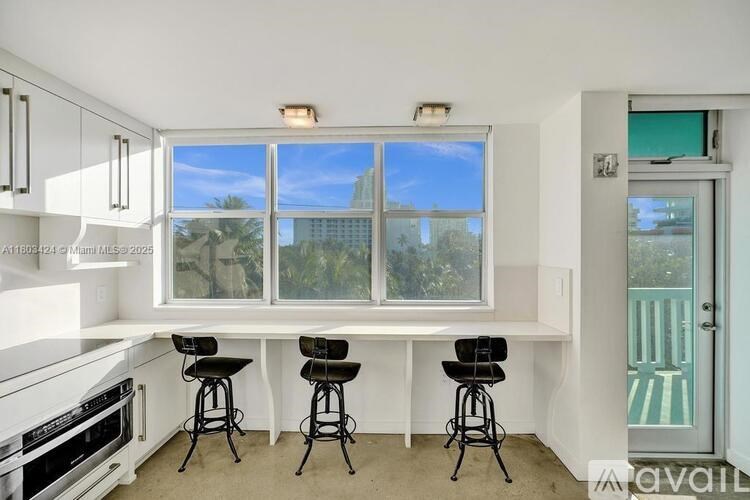 A kitchen with white cabinets and a window overlooking a cityscape.