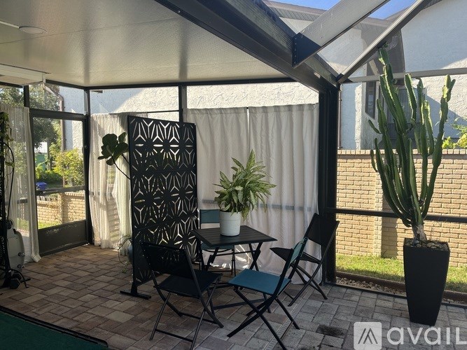 A patio with a table, chairs, and a cactus.