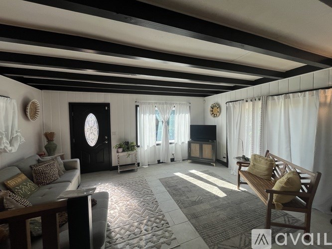 A living room with a black door and a fireplace.