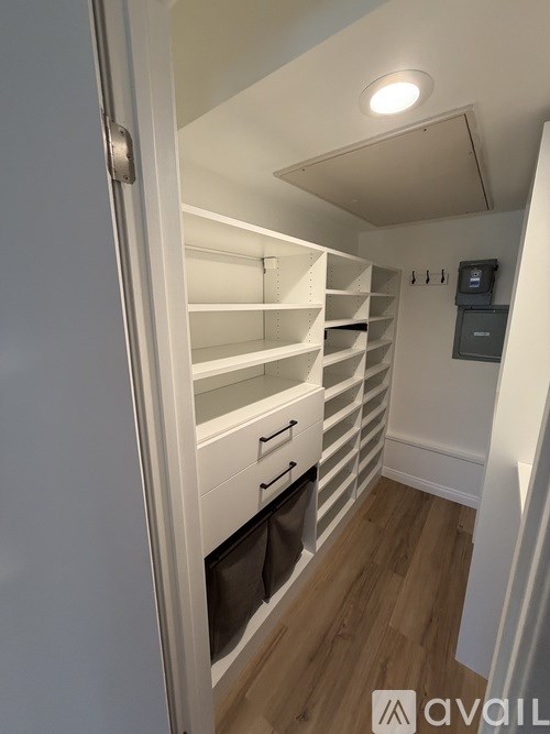 A white pantry with a white door and white shelves.