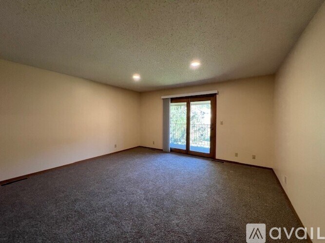 A room with a carpeted floor and a sliding glass door leading outside.