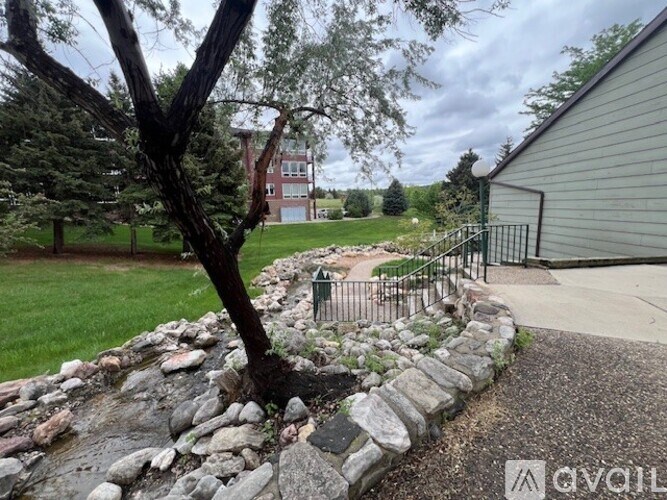 A tree is growing out of a rocky area next to a metal fence.