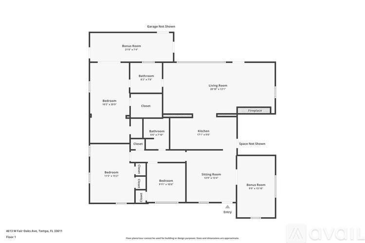 A floor plan of a property with a garage, two bedrooms, a living room, a dining room, a kitchen, a bathroom, and a laundry area.