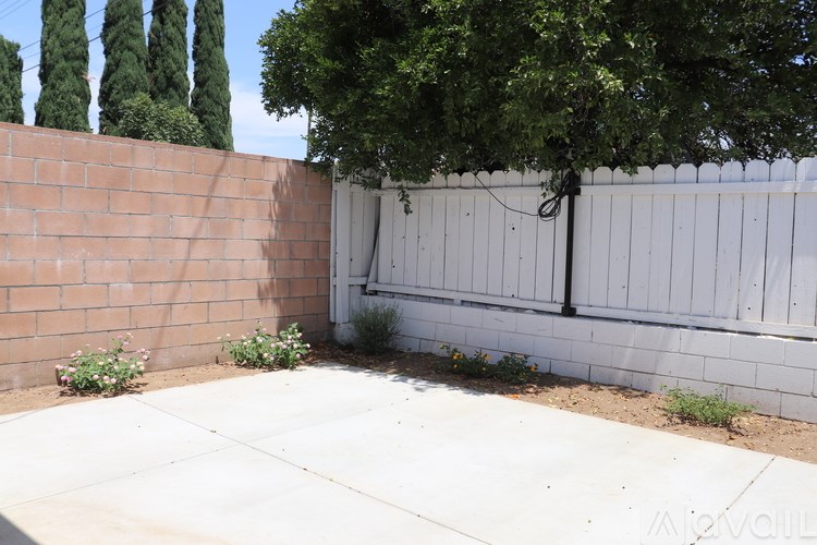 A white fence and a brown wall with a tree in the middle.