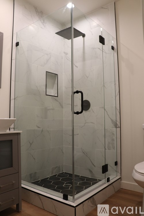 A bathroom with a walk-in shower and a toilet.