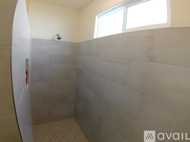 A bathroom with a tiled shower and a window.