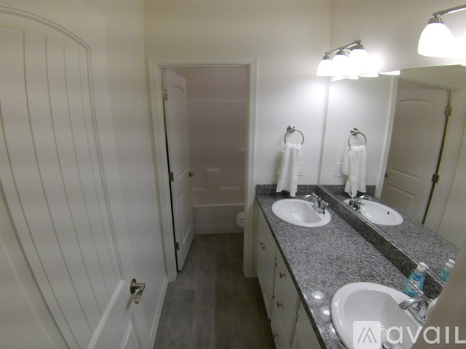 A bathroom with two sinks and a large mirror.