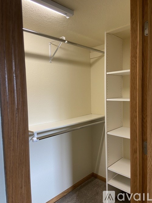A white shelving unit with a white door is open.