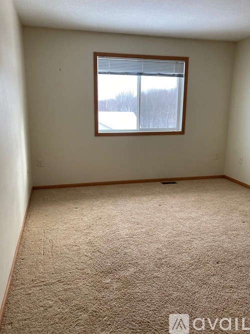A room with a carpeted floor and a window.