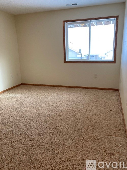 A room with a carpeted floor and a window.