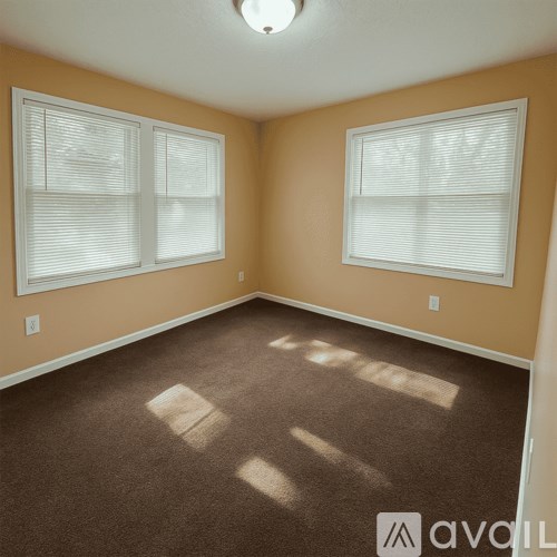 A room with two windows and carpeted floor.