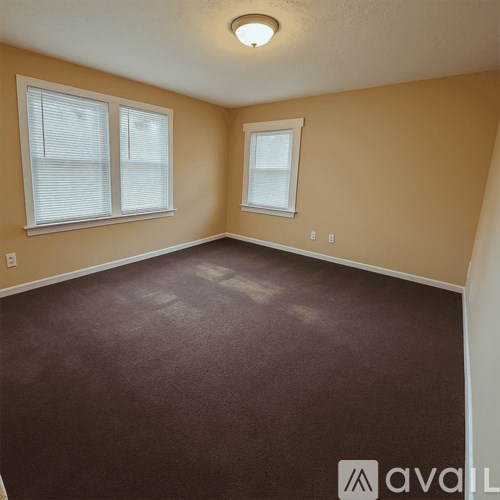 A room with brown carpet and two windows.