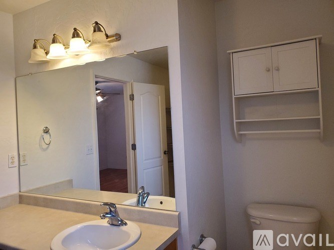 A bathroom with a sink, mirror, and toilet.