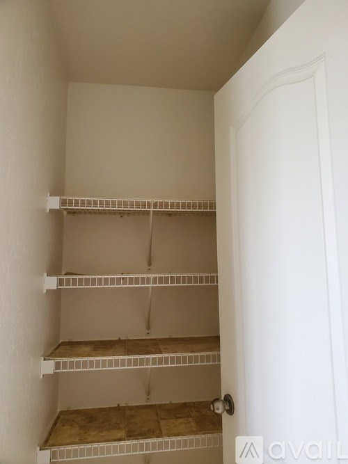 A white door is open to a room with empty shelves.