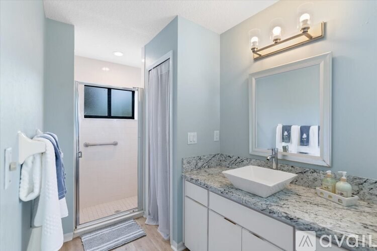 A bathroom with a sink, mirror, and shower.