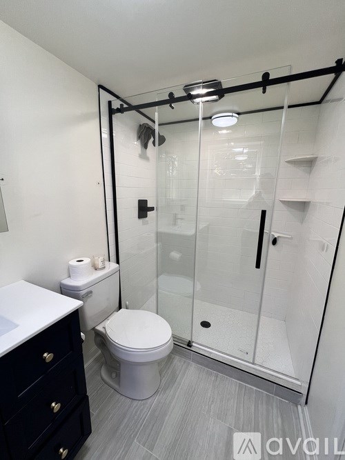 A bathroom with a toilet, sink, and walk-in shower.