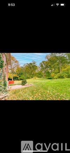 A grassy area with trees and a building in the background.