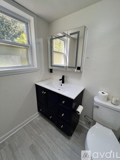 A bathroom with a sink, toilet, and a mirror.