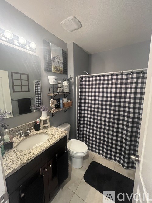 A bathroom with a checkered shower curtain and a sink with a mirror above it.