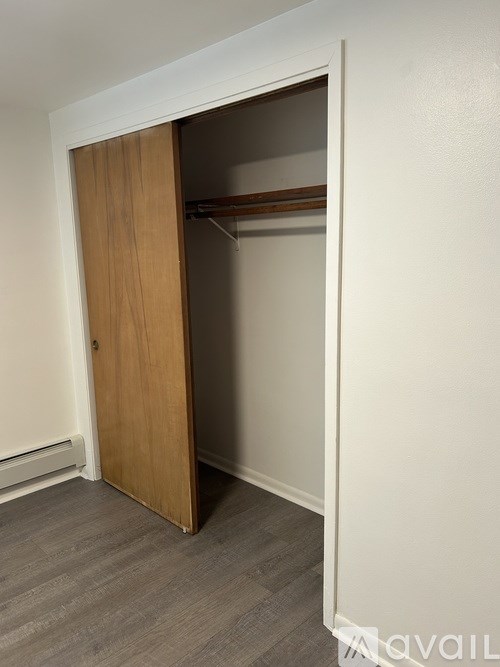 A wooden closet door is open.