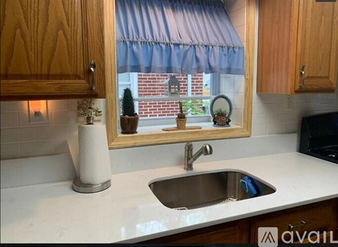 A kitchen counter with a sink and a mirror above it.