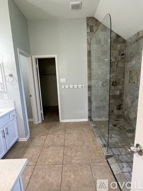 A bathroom with a walk-in shower and a toilet.