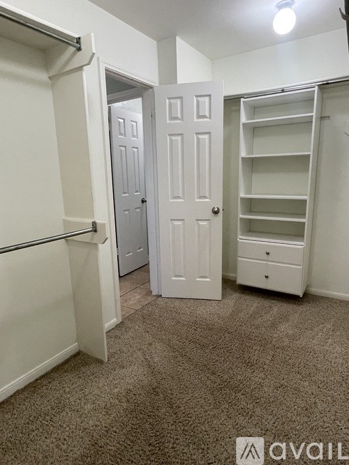 A white closet with a carpeted floor and a white door.