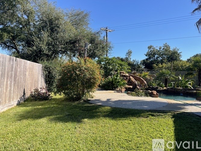 A backyard with a wooden fence and a green lawn.