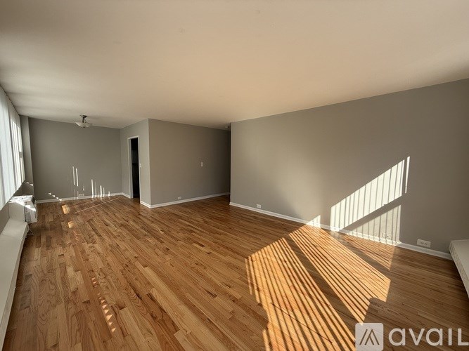 A room with wooden flooring and a large window letting in sunlight.