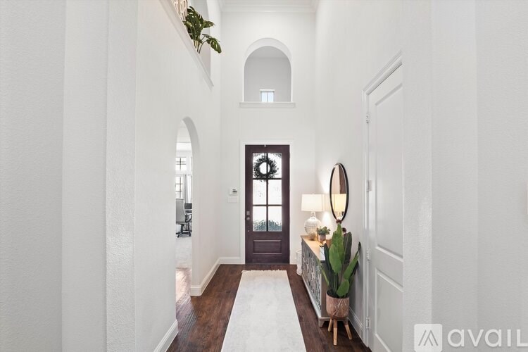 A hallway with a dark brown door, a mirror, and a potted plant.