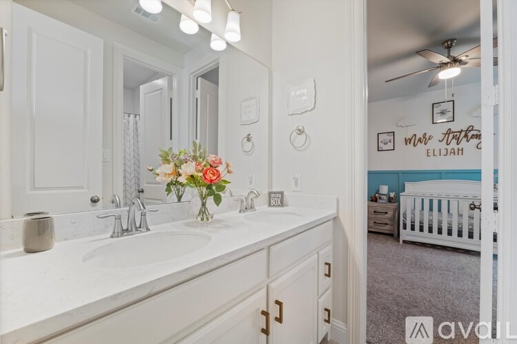 A bathroom with a white sink and a mirror above it.