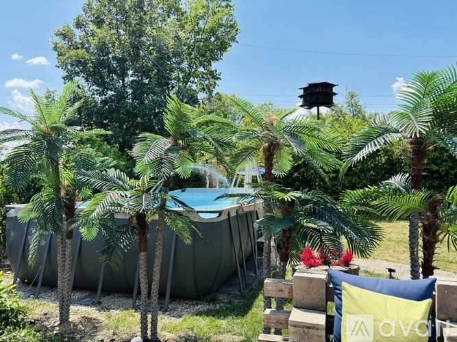 A palm tree is in front of a blue swimming pool.
