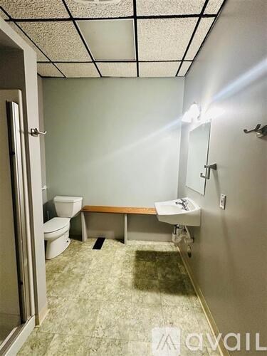 A bathroom with a toilet, sink, and mirror.