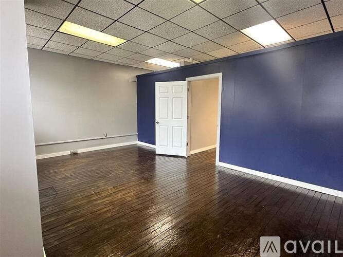 A room with a wooden floor and a white door.