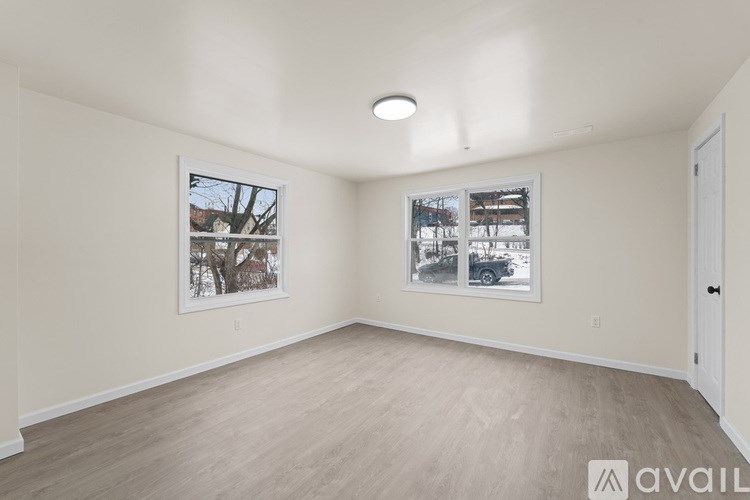 A spacious room with light wood flooring and two windows showing outdoor scenes.