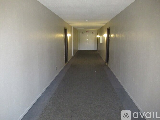 A long, narrow hallway with doors at the end.