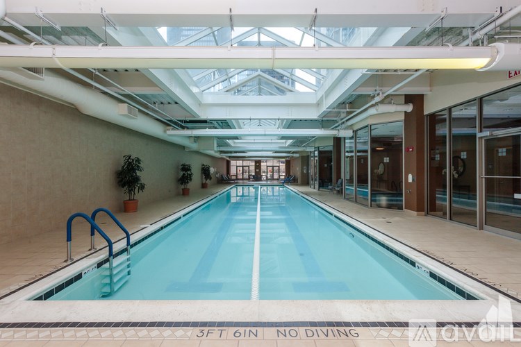 A large indoor swimming pool with a no diving sign.