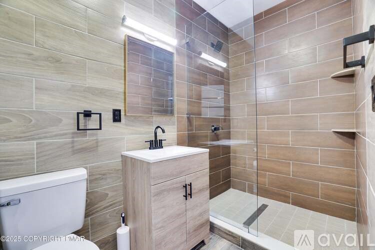 A bathroom with a white toilet, a sink, and a walk-in shower.