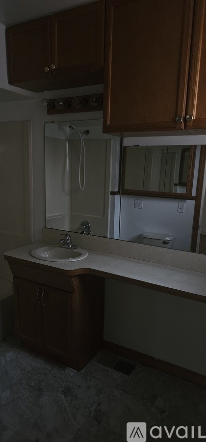 A bathroom with a sink and a mirror.