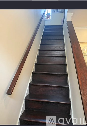 A staircase with dark wood steps and light brown handrails.