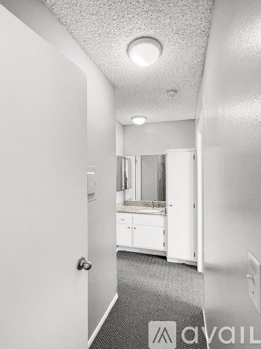 A hallway with a door on the left and a bathroom with a mirror and sink on the right.