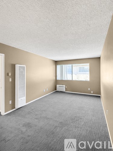 A spacious room with a carpeted floor and a window.